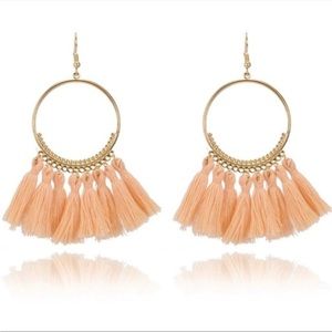 🌸3/$25 🆕 Boho Festival Gold Hoop Blush Pink Tassel Fringe Dangle Earrings